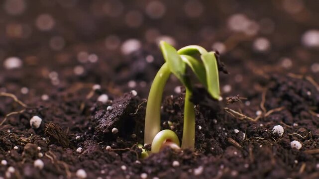 Macro Seedling Sprouting from Fertile Soil for Growth Concept