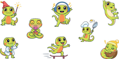Fototapeta premium Cute Lizard Gecko Cartoon Character Mascot Set with Various Activities Poses and Hobbies Including Skating Cooking Listening to Music and Science Experiments Vector