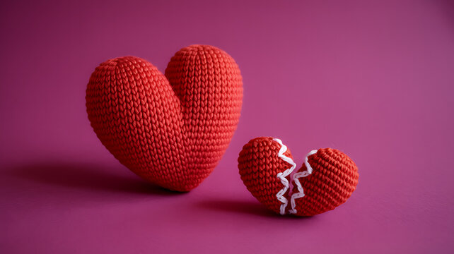 Crocheted red heart and broken heart on pink background