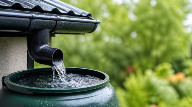 Rainwater collection on roof with water scarcity climate adaptation test and green barrel in garden