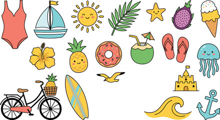 Cute summer beach vacation doodle vector icon set with swimsuit sailboat smiling sun pineapple surfboard bicycle coconut cocktail sandcastle flipflops jellyfish and anchor © Lili Begum