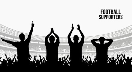 Silhouetted crowd of cheering sports fans celebrating a victory in a packed stadium arena for a competitive football match atmosphere © john
