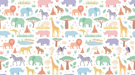 Seamless Cute Safari Animals Pattern, Baby Animals, African Wildlife, Kids Fabric Design © steven