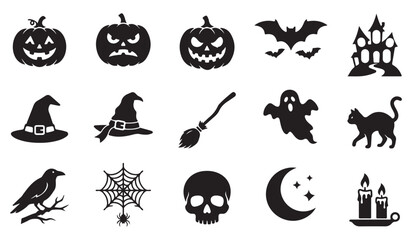 Fototapeta premium Halloween Silhouette Icon Set with Pumpkin Ghost Bat and Haunted House Vector