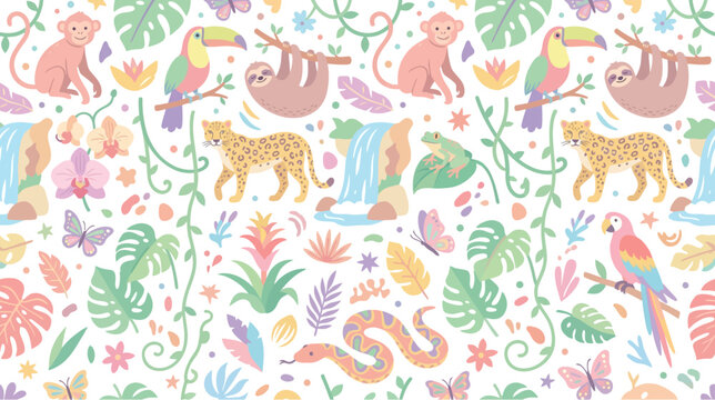 Cute Tropical Jungle Animals Pattern: Monkey, Sloth, Toucan, Leopard, Parrot, Snake