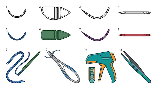 Surgical Sutures and Instruments Collection: Needles, Forceps, Stapler