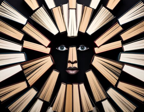 A face with blue eyes and pink lips made of black surrounded by books