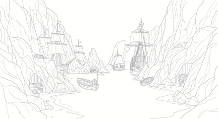 Pirate hideout illustration with sailing ships and treasure chest. © bagmany