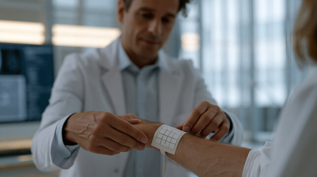 A wearable technology researcher attaches biometric sensor patches to a volunteer's wrist in a clean lab environment, sleep study, health data collection, biomedical engineering,