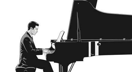 Elegant illustration of a man playing a grand piano on a white background © bagmany