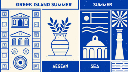 Greek architectural elements and botanical motifs a white and blue vector illustration aegean architecture ancient © Rana