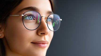 Fototapeta premium Focus on the right eye with gold framed spectacles reflecting market graph in turquoise and magenta with a dreamy background and clear lighting