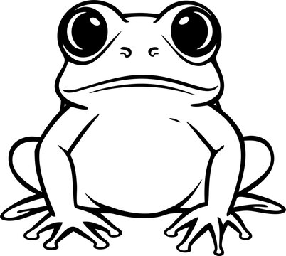 Cute baby frog line art vector illustration, black and white minimalist cartoon sitting toad outline drawing, simple high contrast kawaii froggy nursery design isolated on white background