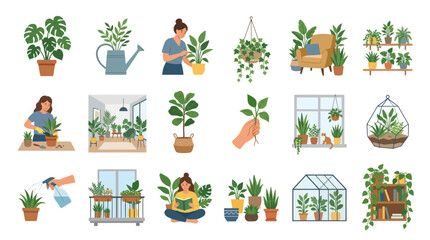 Fototapeta premium Flat Illustration of Home Gardening, Houseplants, and Nature Elements