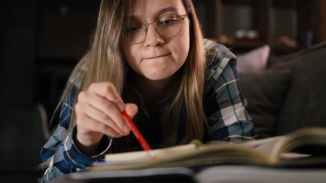 Bored, college student answers of test, paper and person with bulb for dark. night and learning for exam, exhausted of research. young woman is writing an essay in preparation for her studies at night