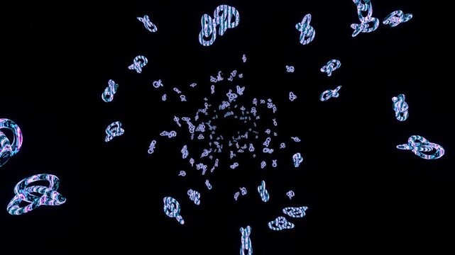 Colorful twisted knots flying out tunnel 10 seconds seamless looping black background animation screensaver visualizer hd video