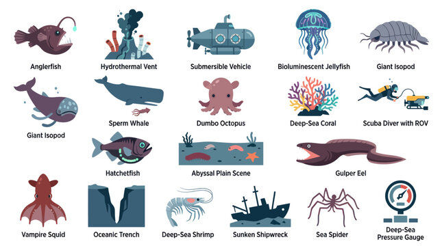Deep Sea Creatures and Objects Flat Vector Icons Set