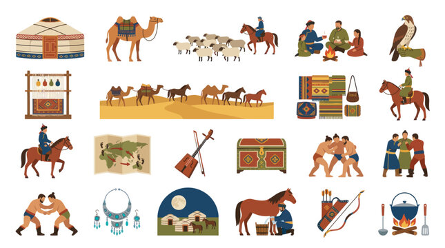 Mongolian Nomadic Culture Flat Vector Illustration Collection. Traditional Lifestyle, Animals, People  Heritage Icons