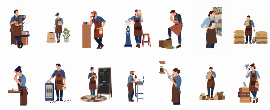 Set of professional coffee roasters and baristas in aprons performing various tasks like roasting, smelling, and packaging coffee beans on white background.