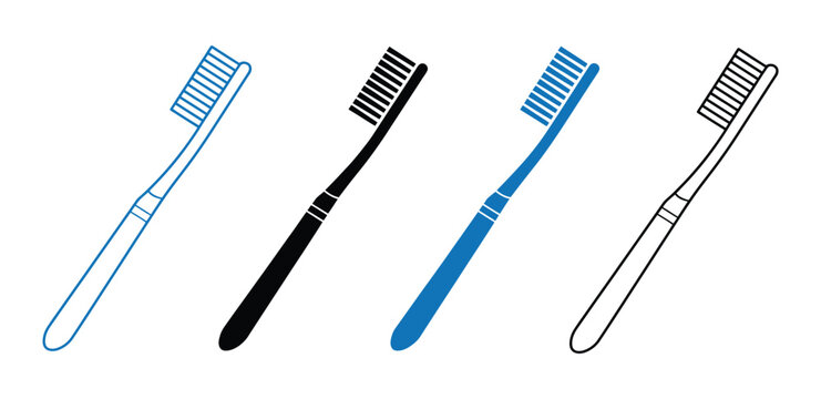 Manual toothbrush vector collection with outline and silhouette icons for oral hygiene, dental care, bathroom accessories and healthcare design.
