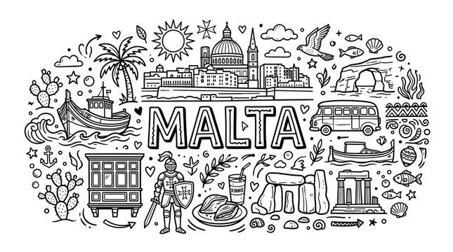 Malta Island Travel Landmarks in Black and White Hand Drawn Doodle Style