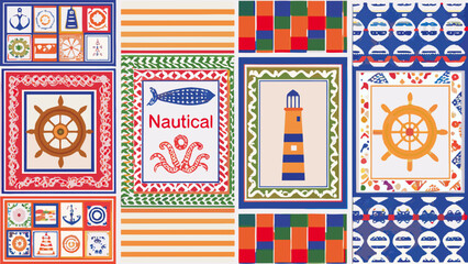 Nautical themed vector illustrations featuring ship wheels anchors and lighthouses in a patterned style anchor © Rana