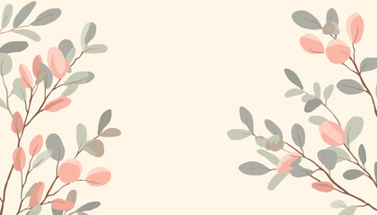 Obraz premium Branches decorated with soft pink and grey leaves create an elegant border on a light beige backdrop.