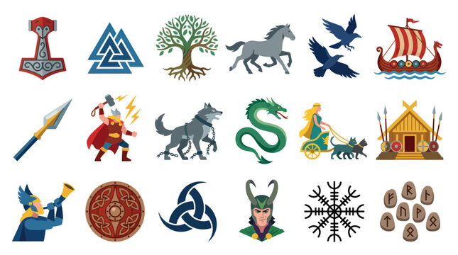 Viking Norse Mythology Icons: Thor's Hammer, Wolf, Ravens, Ship, Dragon, Odin, Runes
