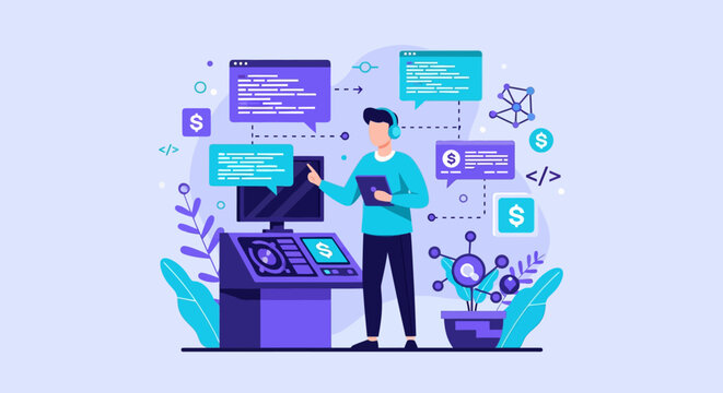 Man working with computer code and data visualization on screens.