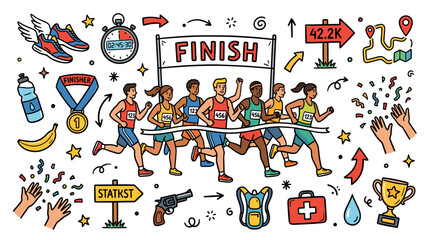 Fototapeta premium Marathon Runners Finish Line in Colorful Hand Drawn Doodle Style