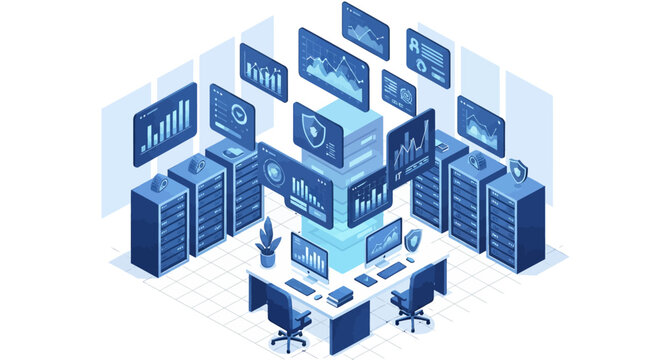 Modern data center with multiple servers and computer screens displaying charts and graphs.