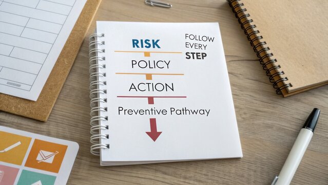 Risk Policy Action Preventive Pathway Follow Every Step Concept on Notebook and Desk with Stationery and Notepad