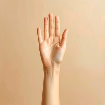A fair-skinned left hand with palm facing forward and fingers spread apart, displaying a small white cream on the wrist