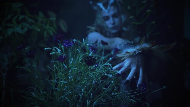 close-up hand with sharp claws black nails evil gothic fantasy woman owl touching flowers in dark night forest, halloween holiday bird costume feathers. sexy face eyes lips fairy tale elf mystery girl