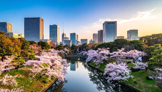 Tokyo city park in spring filled with sakura trees