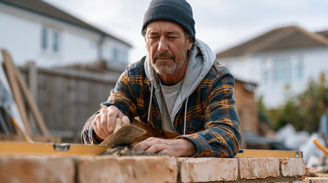 A bricklayer crouches at a half-finished garden wall on a suburban street, trowel spreading mortar with practiced ease, spirit level balanced on the course, overcast sky above,