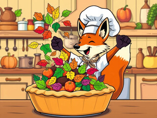 Fototapeta premium Happy fox chef celebrating thanksgiving with a colorful autumn pie