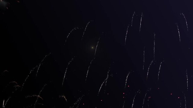 Firework display outdoors. Festive happy new year 2025 with golden New Year's Eve,New Year,Firework Display, New year's eve fireworks show Explosion display sky night Seamless Loop Background 4K
