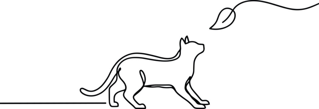 Single continuous line of a cat playing with a falling leaf
