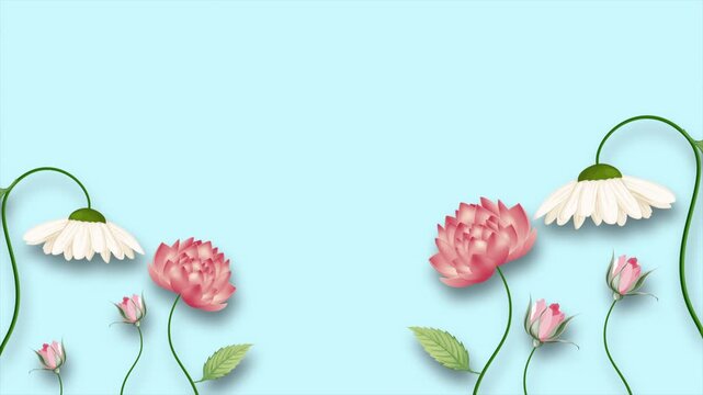 Delicate white daisies and pink clover flowers decorate a soft blue background, creating a charming spring floral border with generous copy space for invitations