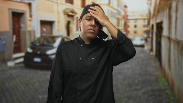 Man chef wearing black uniform and skullcap touching head with right hand on old town street beside cobblestone alley and parked car; fatigue.