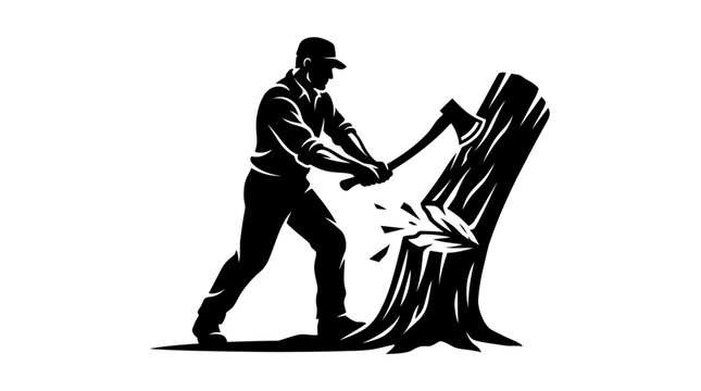 Lumberjack chopping wood with axe, silhouette, strong man working, deforestation concept