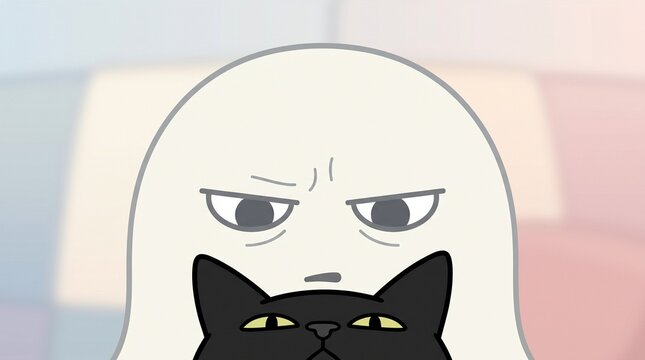 Cute Ghost Face Expression Vector SVG | Concentrated Ghost Character Close-Up with Black Cat | Premium Halloween Art