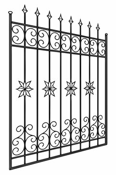 Black Wrought Iron Fence Section with Decorative Scrolls and Spear Tips on White Surface