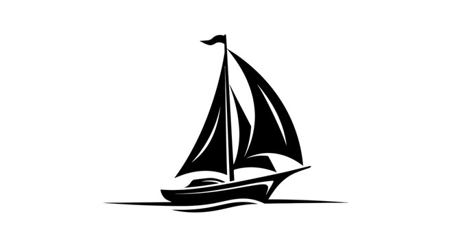 Silhouette of a sailboat with full sails on calm water, black and white vector icon