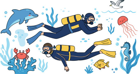 Scuba Divers Swimming Underwater with Marine Animals and Coral Reef Vector Illustration for Sea Adventure, Ocean Conservation, and Diving School Layouts © MstJasmin