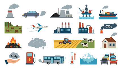Naklejka premium Climate Change and Pollution Flat Vector Icons Set. Environmental Warming Causes, Effects, and Industry Emissions Symbols