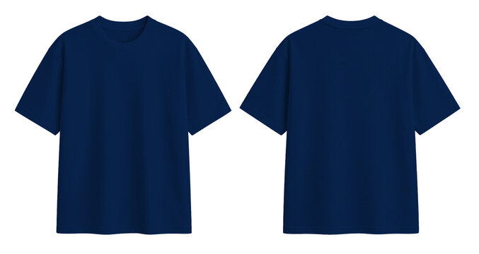Plain Navy Blue Oversized Blank T-Shirt Mockup Front and Back View Isolated on Transparent Background