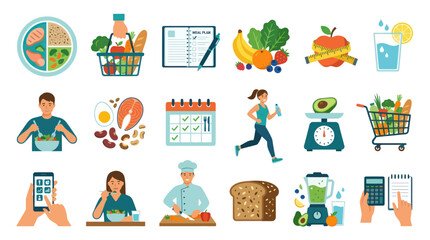 Fototapeta premium Healthy Lifestyle Flat Icons: Food, Exercise, Meal Plan, Nutrition