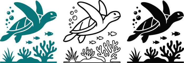 Stylized graphic sea turtle swimming underwater with tropical fish and coral reef elements vector illustration set © GraphicGrove